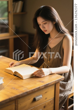 女子桌边安静阅读书籍 女子桌边安静阅读书籍 136292377