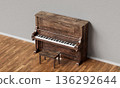 Vintage Wooden Upright Piano with Stool. 3D Rendering. 136292644