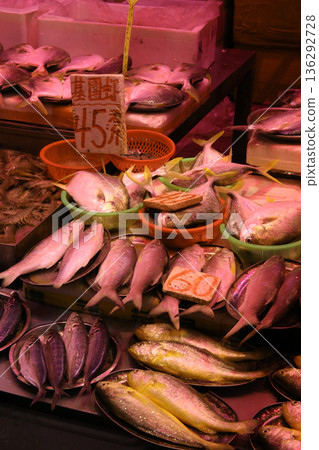 Fish sold at a market in North Point of Hong Kong Island. Many fish are unfamiliar in Japan Fish sold at a market in North Point of Hong Kong Island. Many fish are unfamiliar in Japan 136292728