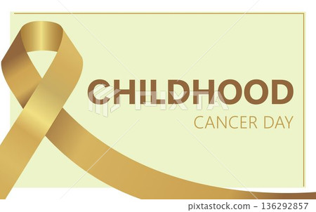 Childhood Cancer Day featuring prominent gold awareness ribbon on pale yellow background with brown text for awareness and support. Chiuholic Cancer Awareness Ribbon. Vector Illustration EPS10 Childhood Cancer Day featuring prominent gold awareness ribbon on pale yellow background with brown text for awareness and support. Chiuholic Cancer Awareness Ribbon. Vector Illustration EPS10 136292857