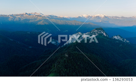 Mountains view with dolomite rocks at sunset with sunrise light. Mountains view with dolomite rocks at sunset with sunrise light. 136293053