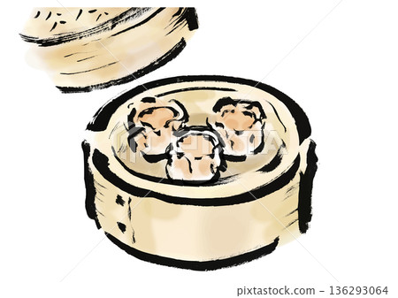 日式毛筆畫風格的蒸籠燒賣插圖 136293064