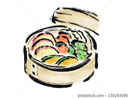 Japanese-style brush illustration of vegetables in a steamer Japanese-style brush illustration of vegetables in a steamer 136293066