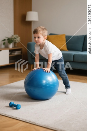 A little boy playing with an exercise ball at home 136293071