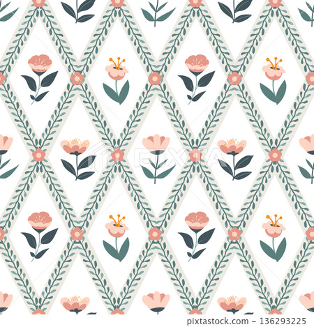 Soft Folk Floral Diamonds Vector Soft Folk Floral Diamonds Vector 136293225
