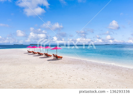 Aerial tropical beach pink umbrellas luxury resort ocean bay sandy shore scenic getaway summer vacation wallpaper background 136293336