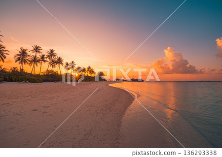 Sunset beach ocean rays golden sky tropical island horizon summer vacation scenic wallpaper background 136293338