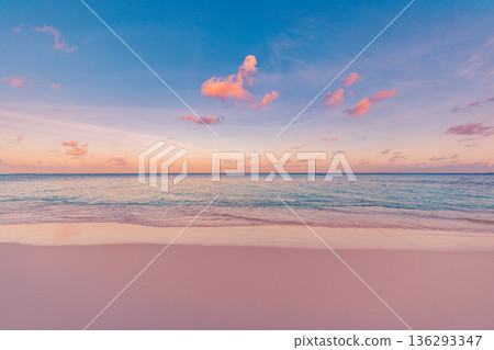 Fantastic sunset beach in Maldives. Sandy shore with ocean view and relax summer calm pattern 136293347