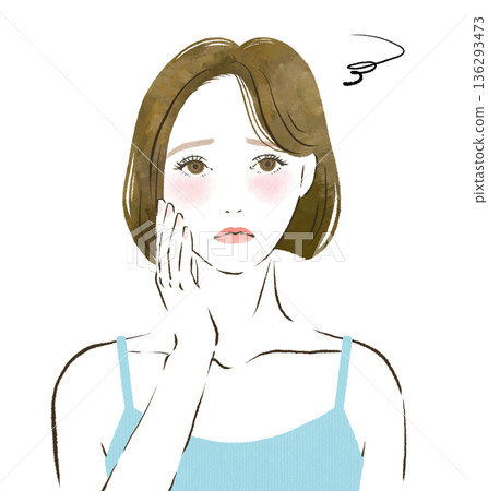 A woman with a troubled face holding her hands on her skin, watercolor illustration A woman with a troubled face holding her hands on her skin, watercolor illustration 136293473