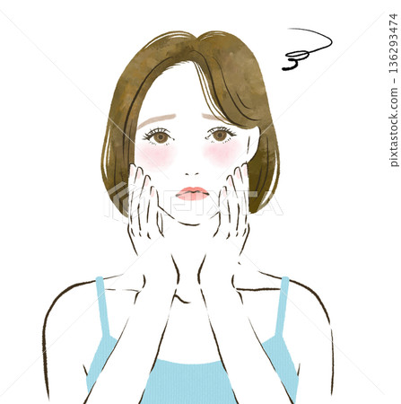 Line drawing of a woman with both hands on her face Line drawing of a woman with both hands on her face 136293474