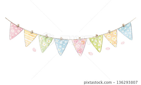 春季彩色旗幟花圈 春季裝飾插圖 136293807