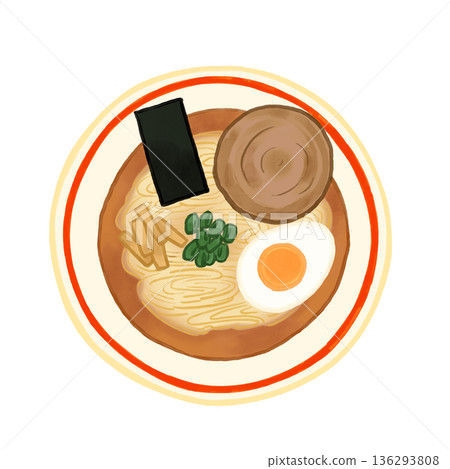 Simple illustration of soy sauce ramen with toppings and colored lines. Simple illustration of soy sauce ramen with toppings and colored lines. 136293808