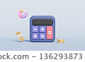 Calculator with Golden Cash, Coin and Pie Chart. 3D Rendering. 136293873