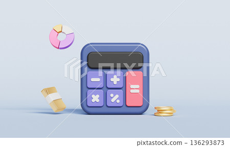 Calculator with Golden Cash, Coin and Pie Chart. 3D Rendering. 136293873