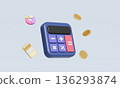 Calculator with Golden Cash, Coin and Pie Chart. 3D Rendering. 136293874