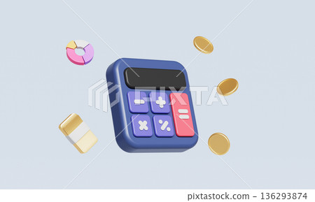 Calculator with Golden Cash, Coin and Pie Chart. 3D Rendering. 136293874