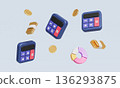 Calculator with Golden Cash, Coin and Pie Chart. 3D Rendering. 136293875