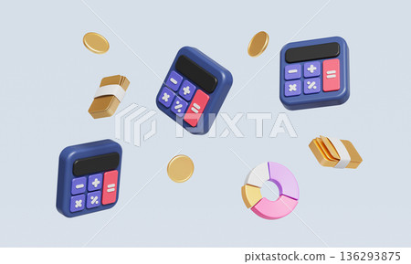 Calculator with Golden Cash, Coin and Pie Chart. 3D Rendering. 136293875