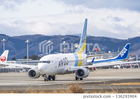 Sendai Airport in winter, airplane taxiing, Natori City, Miyagi Prefecture Sendai Airport in winter, airplane taxiing, Natori City, Miyagi Prefecture 136293904
