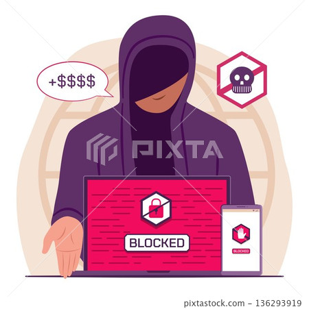Hacker Man Steal Digital Data from Laptop Computer and Mobile Phone and Demand Ransom for Scammer, Cyber Crime and Online Digital Risk Concept Illustration Clip Art 136293919