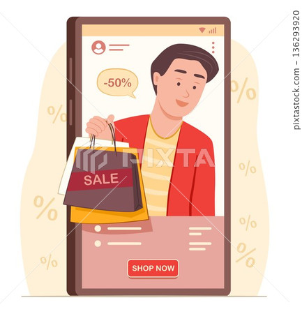 Young Seller Man Deliver the Shopping Bags from Online Shopping Application on Mobile Phone for E-Commerce Concept Illustration 136293920