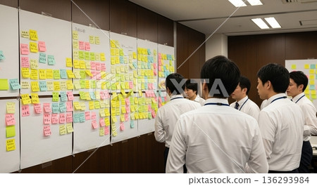 Business people discussing at a workshop using sticky notes 136293984