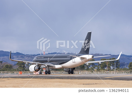 Sendai Airport in winter, airplane taking off, Natori City, Miyagi Prefecture Sendai Airport in winter, airplane taking off, Natori City, Miyagi Prefecture 136294011