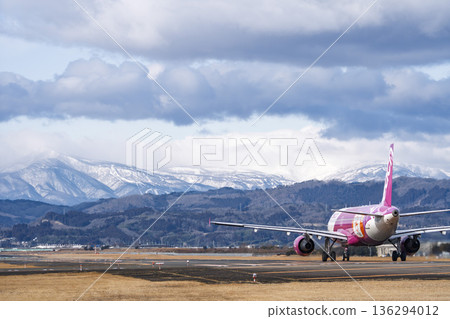 Sendai Airport in winter, airplane taking off, Natori City, Miyagi Prefecture Sendai Airport in winter, airplane taking off, Natori City, Miyagi Prefecture 136294012