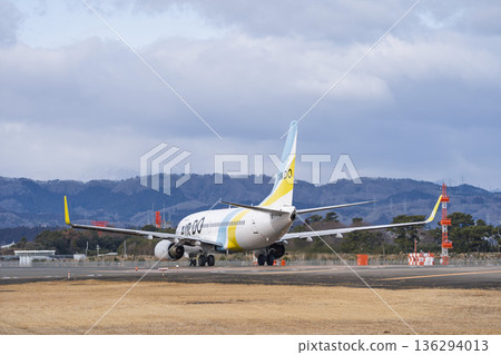 Sendai Airport in winter, airplane taking off, Natori City, Miyagi Prefecture Sendai Airport in winter, airplane taking off, Natori City, Miyagi Prefecture 136294013