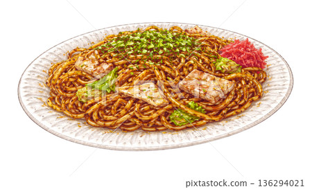 Illustration of a food stall serving fried noodles on a paper plate 136294021