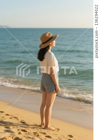 A woman gazes at the ocean from the beach. 136294022