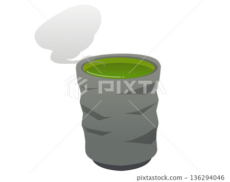 Illustration of a teacup filled with tea, with steam 136294046