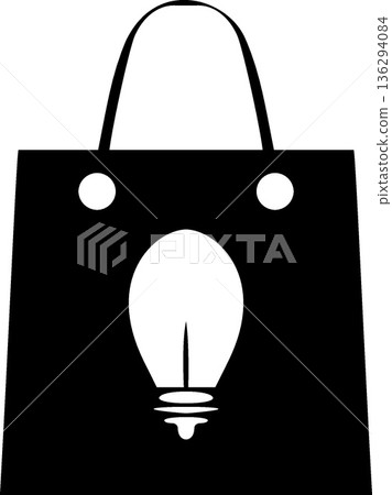 Minimalist Black Shopping Eco Bag Icon with Lightbulb Motif for Sustainable Retail and Green Innovation 136294084