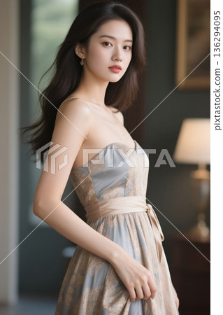 Indoor portrait of a woman wearing a slip dress 136294095