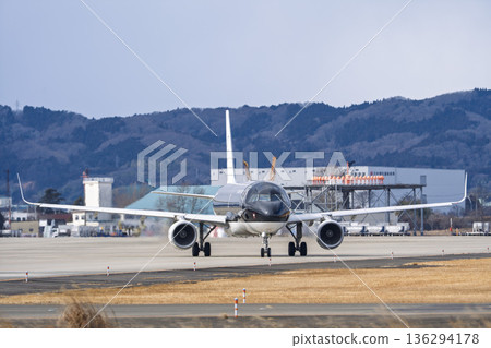 Sendai Airport in winter, airplane taxiing, Natori City, Miyagi Prefecture Sendai Airport in winter, airplane taxiing, Natori City, Miyagi Prefecture 136294178