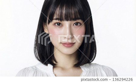 A black-haired Japanese woman wearing a white blouse and showing a clear expression 136294226