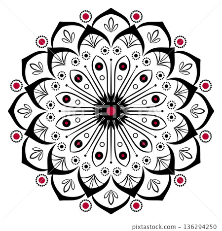 Intricate black red mandala round ethnic ornament Intricate black red mandala round ethnic ornament 136294250