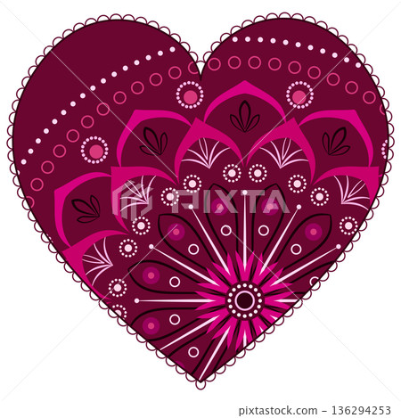 Red heart with bright ethnic ornament. Colorful romantic decor. Ornamental ethnic round pattern. Floral Indian mandala ornament in shades of red. Valentine day greeting card design 136294253