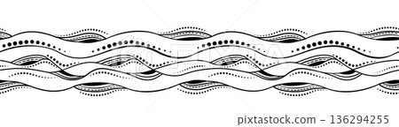 Monochrome abstract seamless border. Black white vector illustration. Zentangle style design. Randomly black curved lines and circles on white background. Unusual decorative design elements Monochrome abstract seamless border. Black white vector illustration. Zentangle style design. Randomly black curved lines and circles on white background. Unusual decorative design elements 136294255