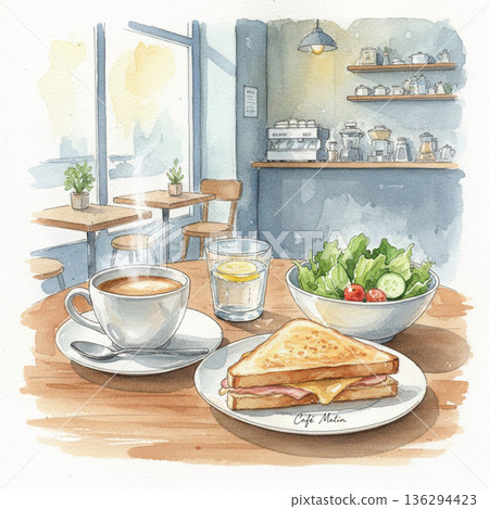 Watercolor cafe toast sandwich, salad and coffee set Watercolor cafe toast sandwich, salad and coffee set 136294423