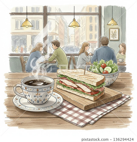 Watercolor cafe toast sandwich, salad and coffee set 136294424