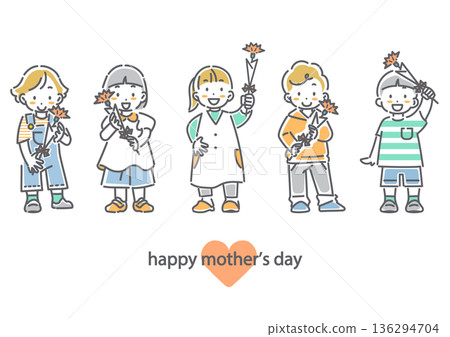 Children giving carnations on Mother's Day - simple and cute line drawing illustration Children giving carnations on Mother's Day - simple and cute line drawing illustration 136294704