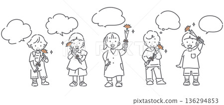 Children giving carnations on Mother's Day - simple and cute line drawing illustration Children giving carnations on Mother's Day - simple and cute line drawing illustration 136294853