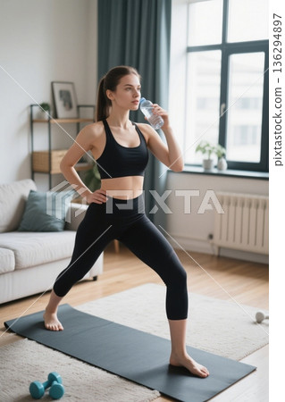 Women taking a break to drink water during home workouts 136294897