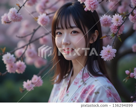 Cherry blossoms in full bloom and a young woman wearing a kimono 136294899