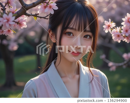 櫻花盛開,一位身著和服的年輕女子 櫻花盛開,一位身著和服的年輕女子 136294900