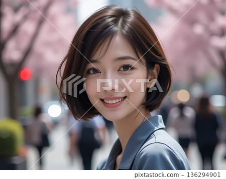 一位穿著外套的年輕白領女士沿著一排櫻花樹走著,突然轉身 一位穿著外套的年輕白領女士沿著一排櫻花樹走著,突然轉身 136294901