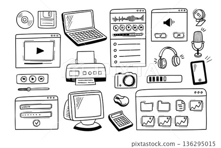 Doodle computer devices. Hand drawn gadgets, calculator, monitor and media player, printer and microphone, laptop and camera, headphones, smartphone and mouse, CD and login form. Vector isolated set Doodle computer devices. Hand drawn gadgets, calculator, monitor and media player, printer and microphone, laptop and camera, headphones, smartphone and mouse, CD and login form. Vector isolated set 136295015