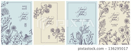Wedding invitations with botanical frames and wildflower borders for save the date cards, elegant ceremony templates. Engagement announcements, printable RSVP design isolated vector set 136295017