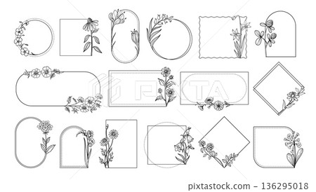 Botanical floral frames with wildflowers for wedding invitation, save the date card and organic skincare or cosmetic branding. Elegant line flower circular and rectangular borders isolated vector set 136295018
